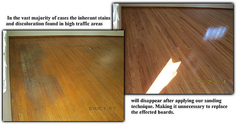 Before and after hardwood floor refinishing - Removal of extreme staining in high traffic areas