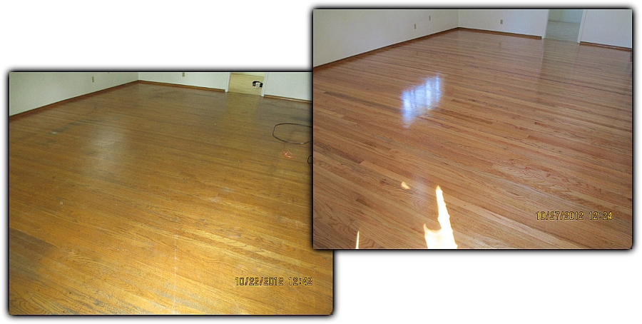 Before and after hardwood floor refinishing - stains completely eliminated to reveal perfectly pristine red oak floors