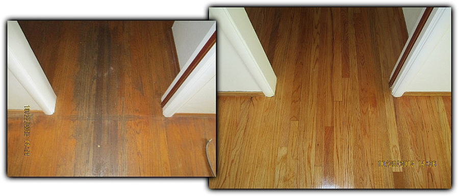 Before and after hardwood floor refinishing - complete removal of grey and black stains
