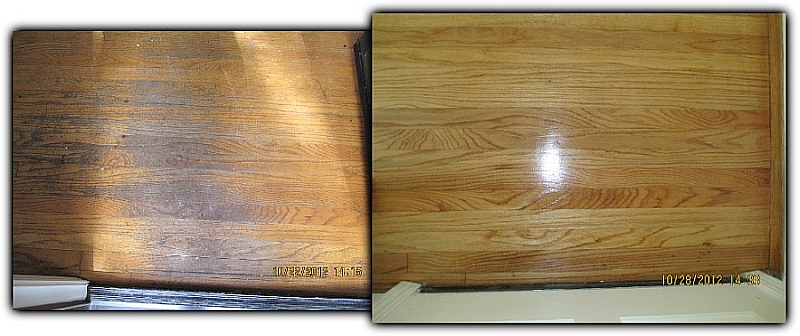 Before and after hardwood floor refinishing - Removal of extreme staining in high traffic areas