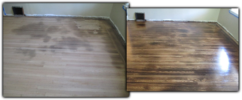 Before and after hardwood floor refinishing - Pet stains obliterated by our 'Antiquing' process'