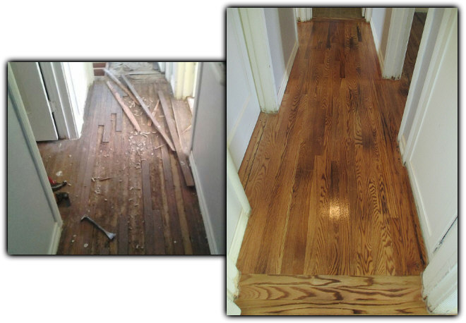 Before and after hardwood floor refinishing - Extremely abused hardwood floors Saved by our 'Antiquing' process