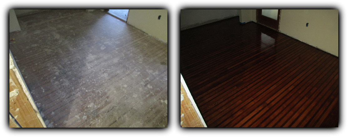 Before and after hardwood floor refinishing - Davis, Ca. Rare Redwood 2x4 Flooring