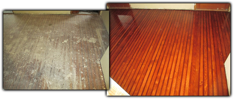 Before and after hardwood floor refinishing - Davis, Ca. Rare Redwood 2x4 Flooring