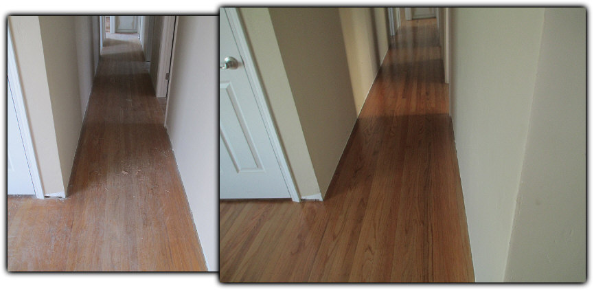Before and after hardwood floor refinishing - In Woodland, Ca.