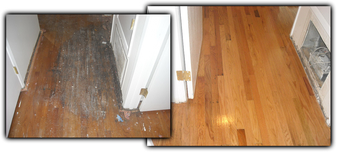Before and after hardwood floor refinishing and water damage repair