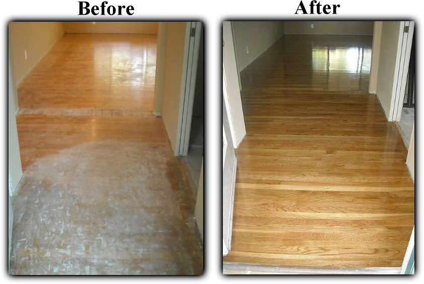 Before and after hardwood floor refinishing - removed glued-down tile from entryway