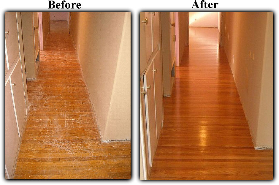 Before and after hardwood floor refinishing - turning over stained boards