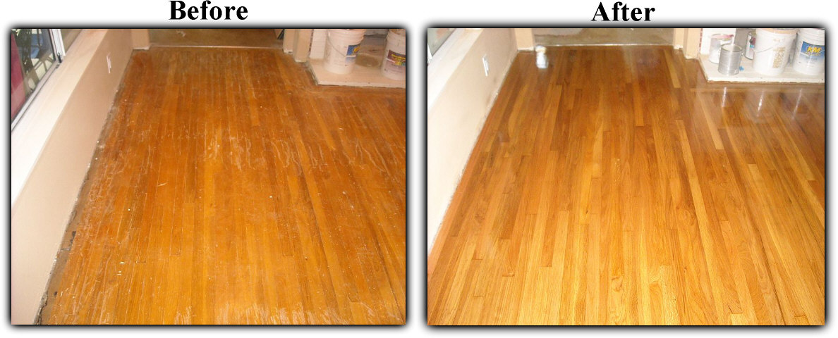 Before and after hardwood floor refinishing - salvaging stained boards